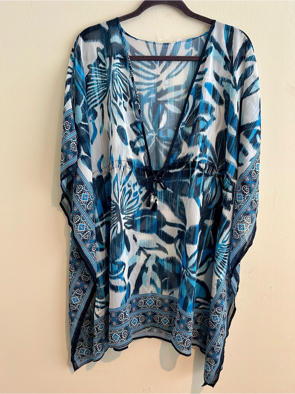 Blue & White V-Neck Printed Tunic with Tassel Drawstring